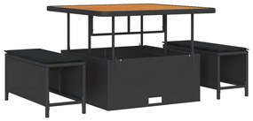 12 darabos kerti sofa szett párnákkal fekete poli rattan akácfa, 3 darabos kerti étkező szett párnákkal fekete poli rattan akácfa