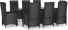 vidaXL 9 részes fekete polyrattan kerti étkezőgarnitúra párnákkal