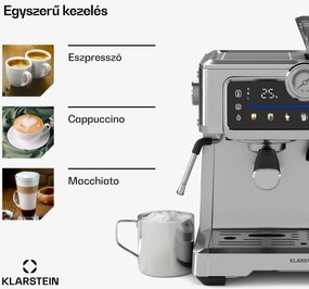 Klarstein GrandPresso Touch kávéfőző, 20 bar, beépített daráló, nyomásjelző, tejhab