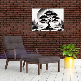 Üveg kép – Fekete-fehér bonsai (70x50 cm)