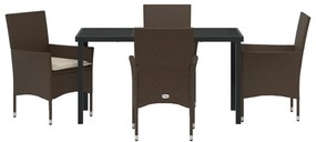 5 Részes Kerti Étkezőasztal Párnákkal Barna Poli Rattan, Kerti Asztal Fekete 140x80x73 cm Edzett Üveg