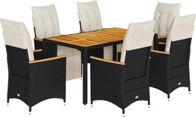 vidaXL 7 részes fekete polyrattan kerti bisztrógarnitúra párnákkal