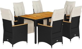 vidaXL 7 részes fekete polyrattan kerti bisztrógarnitúra párnákkal