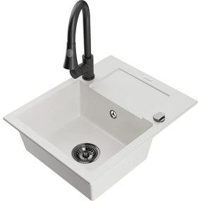 Mexen Enzo, 1 kamrás gránit mosogató 576x465x174 mm és Elia mosogató csaptelep, fehér, 6506-20-670101-70