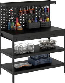 HOMCOM munkapad szerszámos fallal — nehéz teherbírású munkapad 2 fiókkal és 2 állítható polccal, 272 kg teherbírás, 122 x 61 x 156 cm, fekete | Aosom