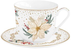Karácsonyi porcelán nagy reggeliző csésze 370 ml díszdobozban fehér arany mikulásvirág White Elegance