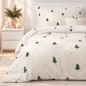 Goldea karácsonyi mikroplüss ágyneműhuzat deluxe - zöld karácsonyfák krémalapon 220 x 200 és 2db 70 x 90 cm