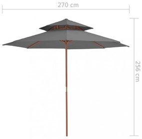 antracitszürke kétszintes napernyő fa rúddal 270 cm