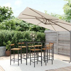 7 részes fekete polyrattan és tömör akácfa kerti bárszett