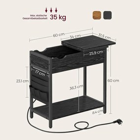 Éjjeliszekrény aljzatokkal Összecsukható asztallap, polccal és szövettáskával,60 x 60 x 31,5, Fekete