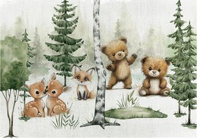 Fotótapéta erdő zöld barna kis őz róka és mackók gyerekeknek