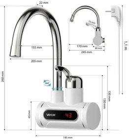 Átfolyós vízmelegítő LED kijelzővel 3000W/230V IPX4 fehér