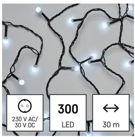 LED karácsonyi fényfüzér, cseresznye – golyók, 30 m, kültéri és beltéri, hideg fehér, időz