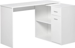 HOMCOM Sarokíróasztal Tanuláshoz és Irodai Használatra 2 Fiókkal és 2 Polccal, Modern Fa Íróasztal, 117x82x74 cm, Fehér | Aosom