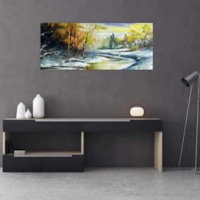 Egy téli folyó képe, olajfestmény (120x50 cm)