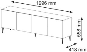 TV Szekrény 200 cm. Fényes Fehér Front, Matt Fehér Test, Arany Színű Lábakkal Ravenna C Diamond