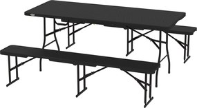 Outsunny Sörsátor Készlet 3 darabos Összecsukható Kemping Asztal, 2 Sörpad, Fogantyúval, Rattan Hatás, Sörasztal Készlet Balkonra, Parti Sátorhoz, Ker