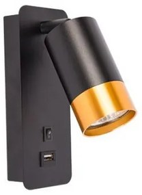 LED lámpa , oldalfali ,  GU10 foglalattal , arany, fekete , USB csatlakozóval , KLEMENS