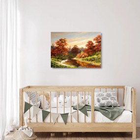 Kép egy folyóról egy őszi tájban, olajfestmény (üvegen) (70x50 cm)