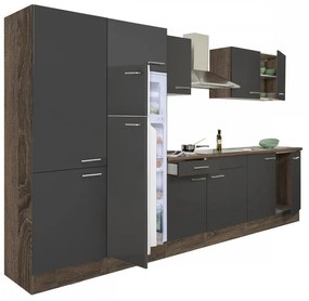 Yorki 330 konyhablokk yorki tölgy korpusz,selyemfényű antracit fronttal polcos szekrénnyel és felülfagyasztós hűtős szekrénnyel