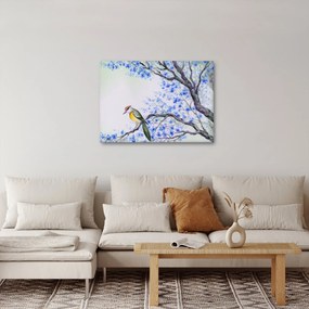 Kép - Madár egy fán kék virágokkal (70x50 cm)