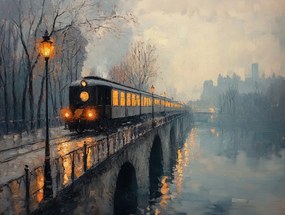 Vászonkép Canvas Város Híd Folyó Vasút Vonat Eső Köd 100x75