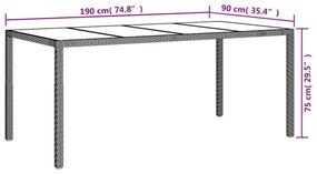 szürke polyrattan és edzett üveg kerti asztal 190 x 90 x 75 cm