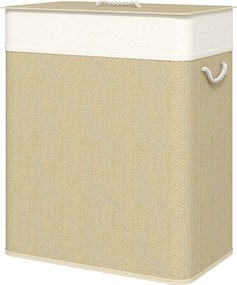 HOMCOM Bambusz Ruhatároló Fedéllel 100L Ruhás Kosár 2 Rekeszsel, Kivehető Belső Táskával a Mosókonyhához és Hálószobához, 52x32x63 cm Natúr | Aosom