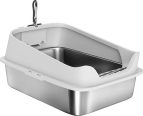 PawHut rozsdamentes acél nyitott macskaalom — magas peremű XXL, lapáttal, nagy macskáknak (max. 7 kg) | 60,2 x 40,2 x 29,7 cm | Aosom
