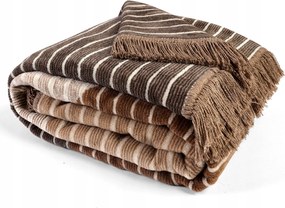 Pamut-akril takaró 150x200 barna bézs karamell csíkos rojtokkal