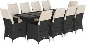 vidaXL 11 részes fekete polyrattan kerti bisztrógarnitúra párnákkal