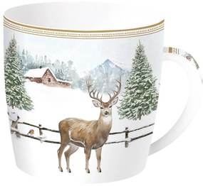 Karácsonyi porcelán bögre szarvasos White Forest fém díszdobozban