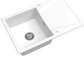 Mosogató Minőségi Obszidián, konyhai gránit mosogató 790x500x210 mm + króm szifon, fehér, SKQ-OBS.W.1KDO.X
