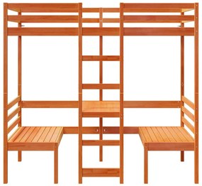 barna fenyő galériaágy-keret asztallal és székekkel 90 x 190 cm