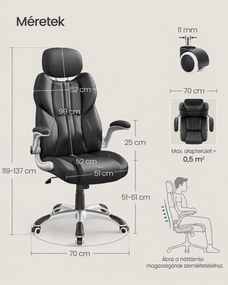 SONGMICS STEVON ergonomikus irodai és gamer forgószék, állítható fejtámlával, felhajtható karfákkal, max. 150 kg, fekete