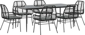 vidaXL 7 részes fekete polyrattan üveg kerti étkezőgarnitúra párnákkal