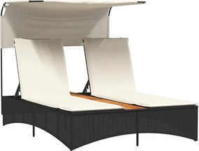 vidaXL fekete polyrattan dupla napozóágy tetővel és párnával