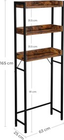 WC feletti tárolópolc, 3 szintes fürdőszobai állvány, 63 × 25 × 165 cm, rusztikus barna-fekete