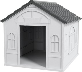 PawHut Kültéri Kutyaház 84,2x98,2x82 cm Ablakmintás és Imitált Cserépfedéllel Nagy Kutyák Számára Szürke és Fehér | Aosom