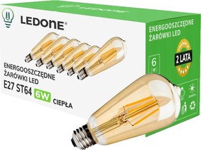 6x Led izzó filament E27 ST64 6W Meleg Vintage füst amber Led szett