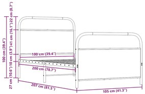 ágykeret matrac nélkül 100x200 cm füstölt tölgy fűrészelt fa
