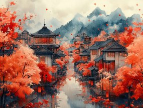 Vászonkép Canvas Tájkép Város Házak Ázsia Ősz Kína Hegyek 100x75