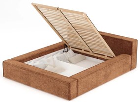 Narancssárga kárpitozott ágyneműtartós franciaágy ágyráccsal 200x200 cm Voliera – Maison de Rêve