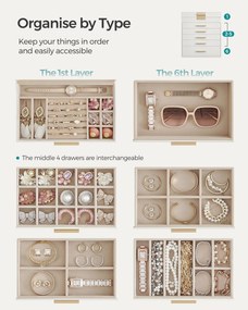 Üveglapos ékszerdoboz, 6 szintes, 5 fiókos, modern stílusban, fehér-arany