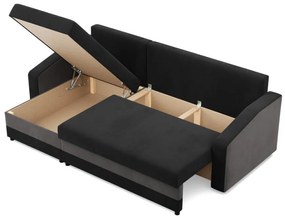 Hewlet sarokkanapé, 2 ágyneműtartóval, szövet anyag, univerzális oldal, hab töltet, fekete - szürke