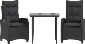 vidaXL 3 részes fekete polyrattan kerti étkezőgarnitúra párnákkal