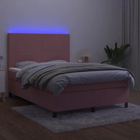 rózsaszín bársony rugós és LED-es ágy matraccal 140x200 cm