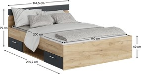 Ágykeret, 140x200, tölgy artisan/grafit, MICHIGAN NEW
