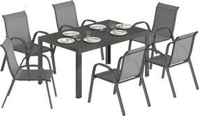 Outsunny 7 részes kerti étkezőgarnitúra — téglalap asztal és 6 egymásra rakható Textilene szék, világosszürke | Aosom