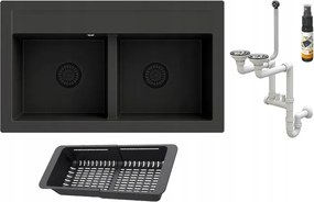 Fekete gránit mosogató Kétrekeszes csepegtetővel Duet szifon króm